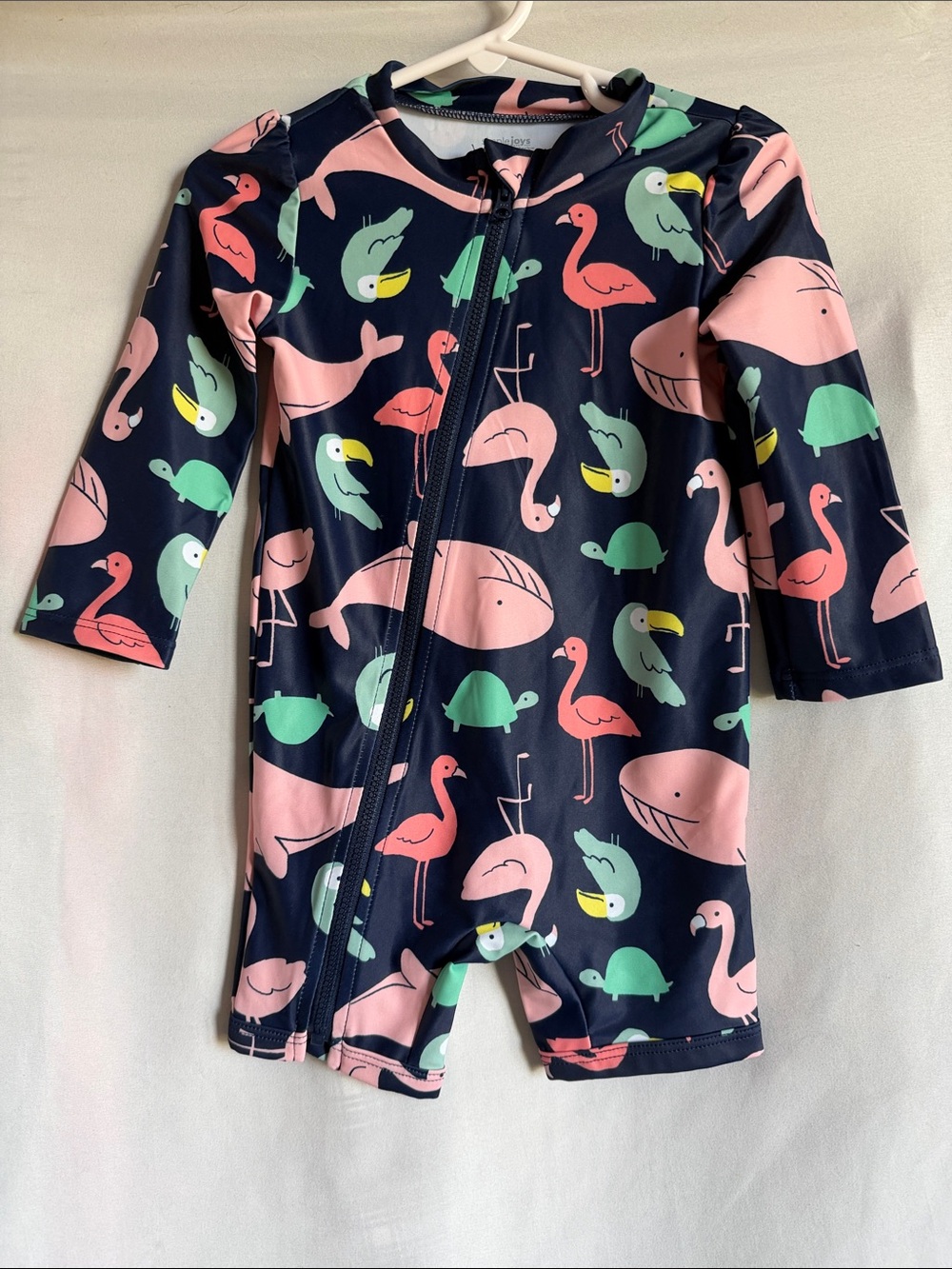 Kids Navy One-Piece Rashguard Swimsuit with Pink Flamingo Print